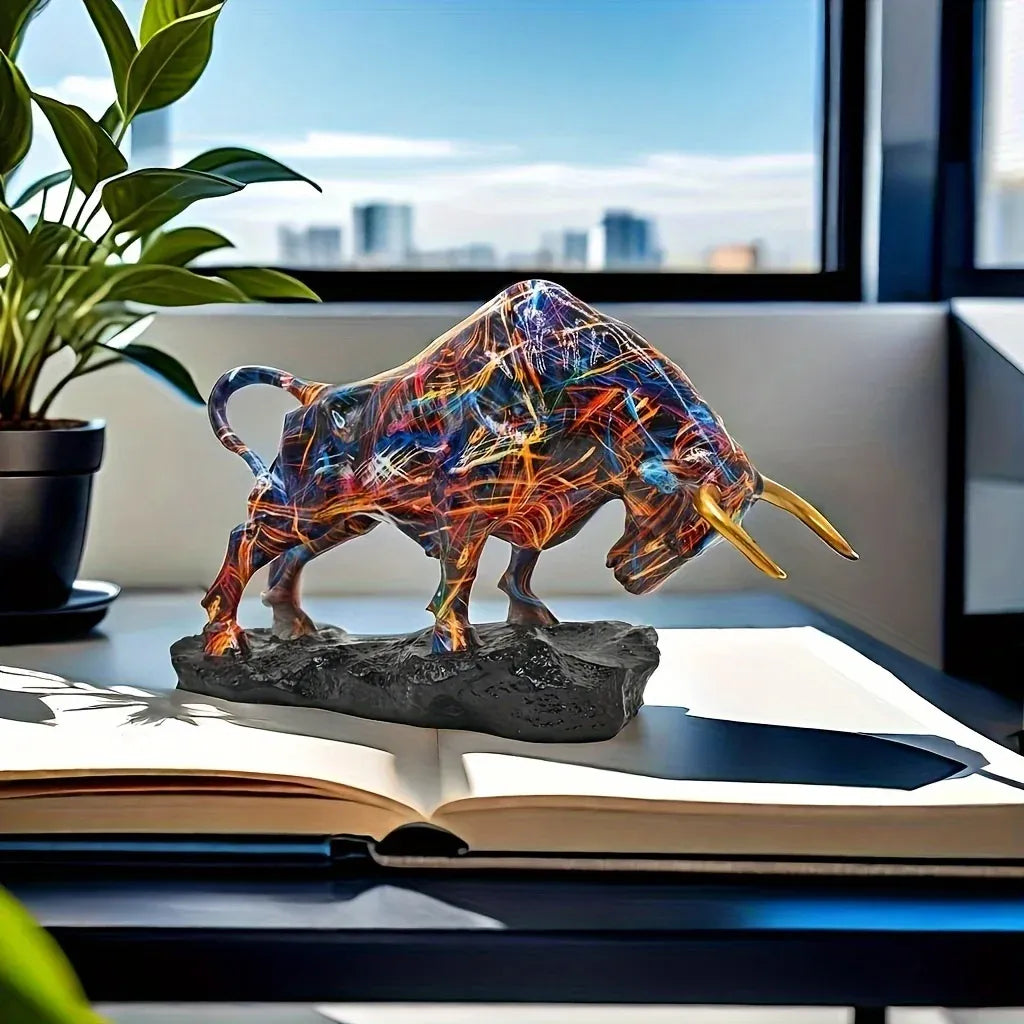Colorful Charging Bull Sculpture – Modern Wall Street Inspired Resin Bull Statue