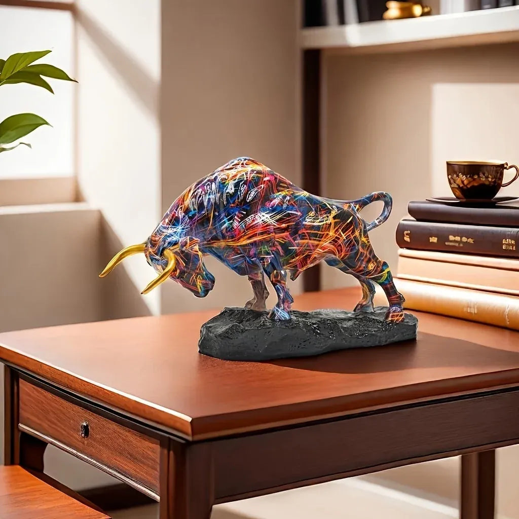 Colorful Charging Bull Sculpture – Modern Wall Street Inspired Resin Bull Statue