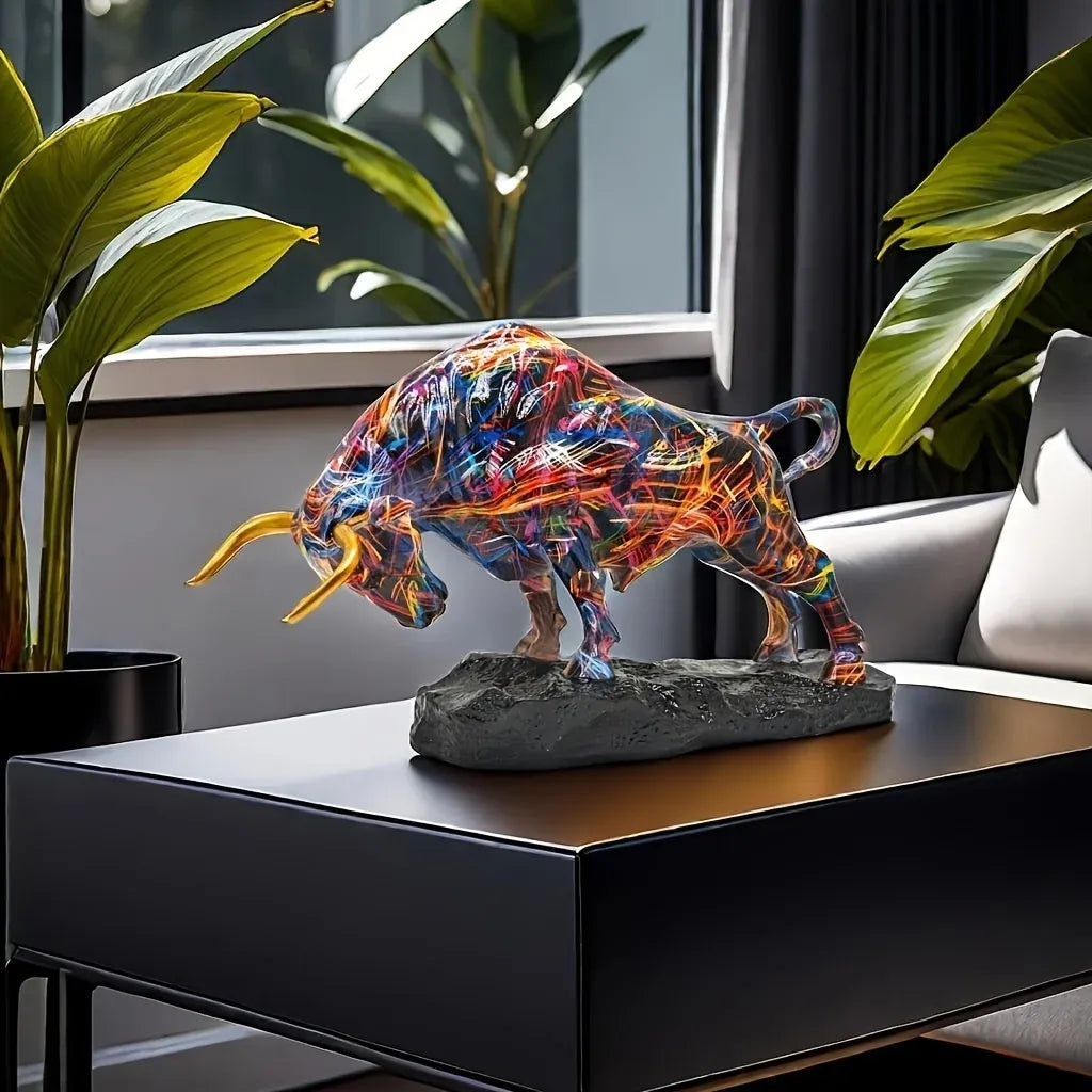 Colorful Charging Bull Sculpture – Modern Wall Street Inspired Resin Bull Statue