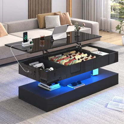 High Glossy LED Coffee Table Center Table Open Shelf, Large Storage, & App Control - Black