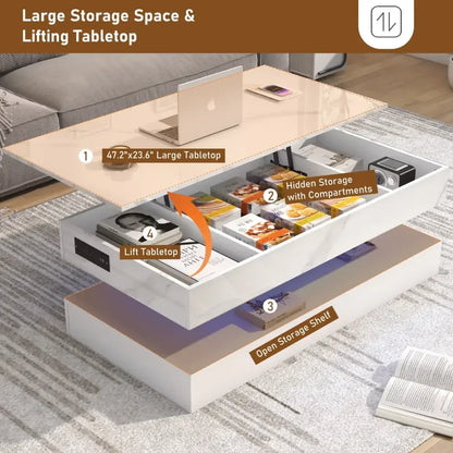 High Glossy LED Coffee Table Center Table Open Shelf, Large Storage, & App Control - Black