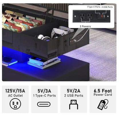 High Glossy LED Coffee Table Center Table Open Shelf, Large Storage, & App Control - Black