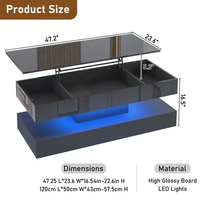 High Glossy LED Coffee Table Center Table Open Shelf, Large Storage, & App Control - Black