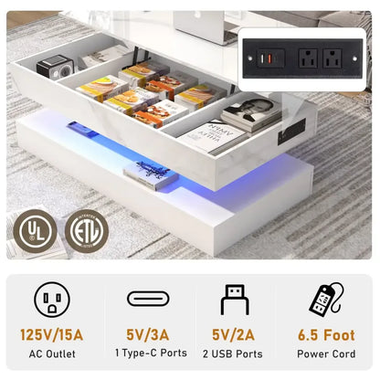 High Glossy LED Coffee Table Center Table Open Shelf, Large Storage, & App Control - Black
