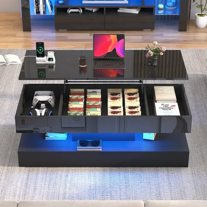 High Glossy LED Coffee Table Center Table Open Shelf, Large Storage, & App Control - Black