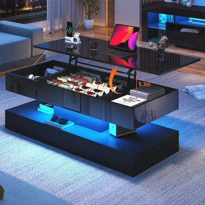 High Glossy LED Coffee Table Center Table Open Shelf, Large Storage, & App Control - Black