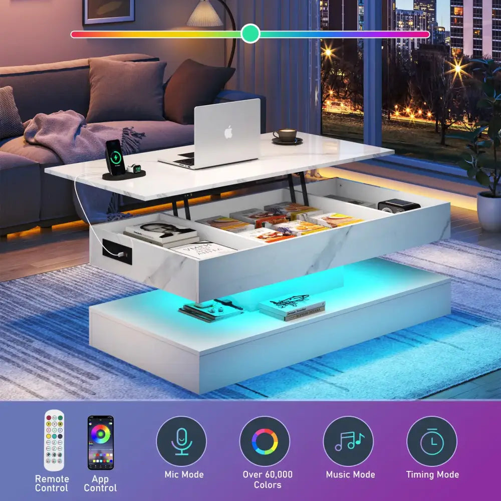 High Glossy LED Coffee Table Center Table Open Shelf Large Storage & App Control