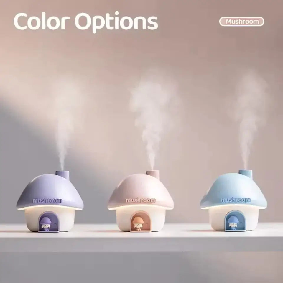 Three mushroom-shaped humidifiers emitting steam on a neutral background with 'Mushroom' branding.