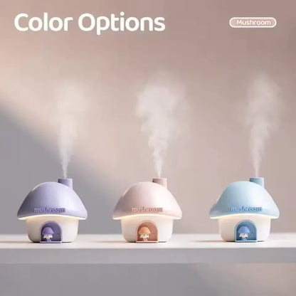 Three mushroom-shaped humidifiers emitting steam on a neutral background with 'Mushroom' branding.