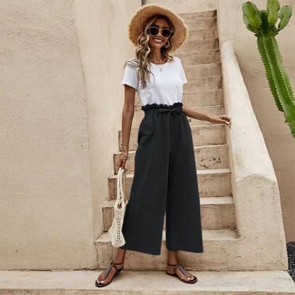 Women's Solid Color Elastic Waist Belted Wide Leg Pants