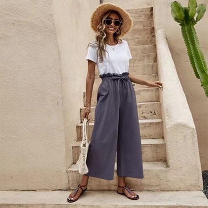 Women's Solid Color Elastic Waist Belted Wide Leg Pants