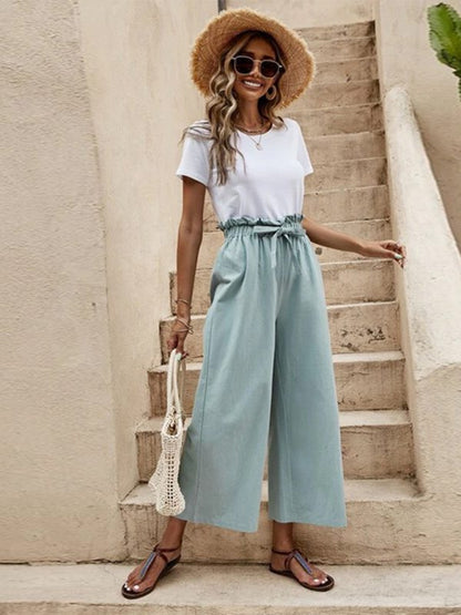 Women's Solid Color Elastic Waist Belted Wide Leg Pants