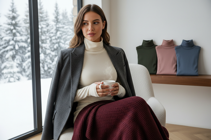 Ultra-soft thermal turtleneck jumper worn by a woman in a cozy winter setting showing slim flattering fit layered under a blazer
