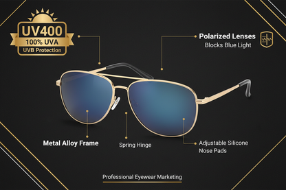 Infographic showing polarized sunglasses features: UV400 protection, 100% UVA UVB blocking, metal alloy frame, spring hinge, silicone nose pads