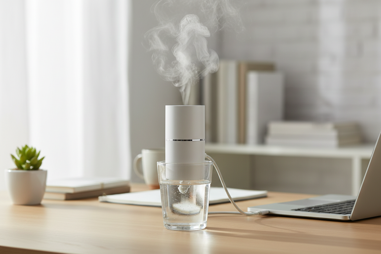 Ultrasonic portable USB air humidifier placed in a glass of water on a desk emitting cool mist in a home office setting