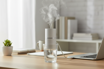 Ultrasonic portable USB air humidifier placed in a glass of water on a desk emitting cool mist in a home office setting