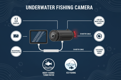 Infographic showing underwater fishing camera features: 4.3 inch LCD, 4 IR LEDs, 120 degree angle, 20 meter cable, night vision, rechargeable battery
