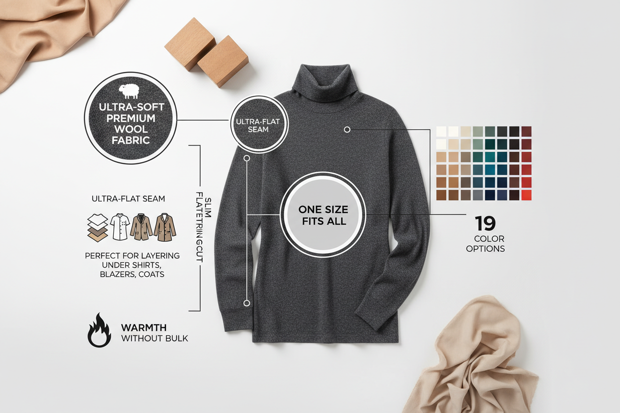 Infographic showing turtleneck jumper features: ultra-soft wool fabric, slim cut, flat seam, perfect for layering, one size fits all, 19 colors