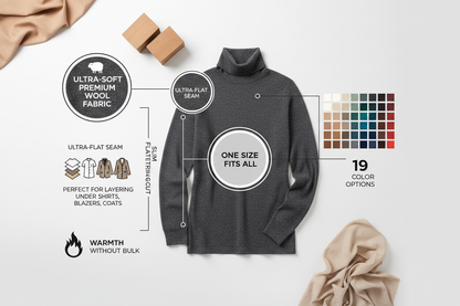 Infographic showing turtleneck jumper features: ultra-soft wool fabric, slim cut, flat seam, perfect for layering, one size fits all, 19 colors