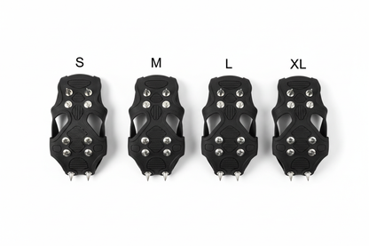 Snow cleats ice grips product flat lay showing all 4 sizes S M L XL with steel stud spikes visible on rubber grip base