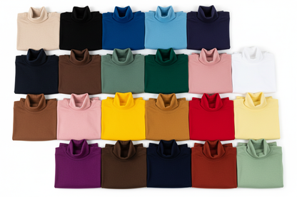 Thermal turtleneck jumper color palette flat lay showing all 19 color variants including beige black blue gray pink red white navy and more