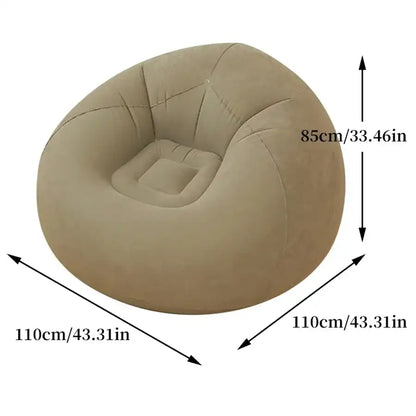 Beige inflatable chair with dimensions labeled on a white background