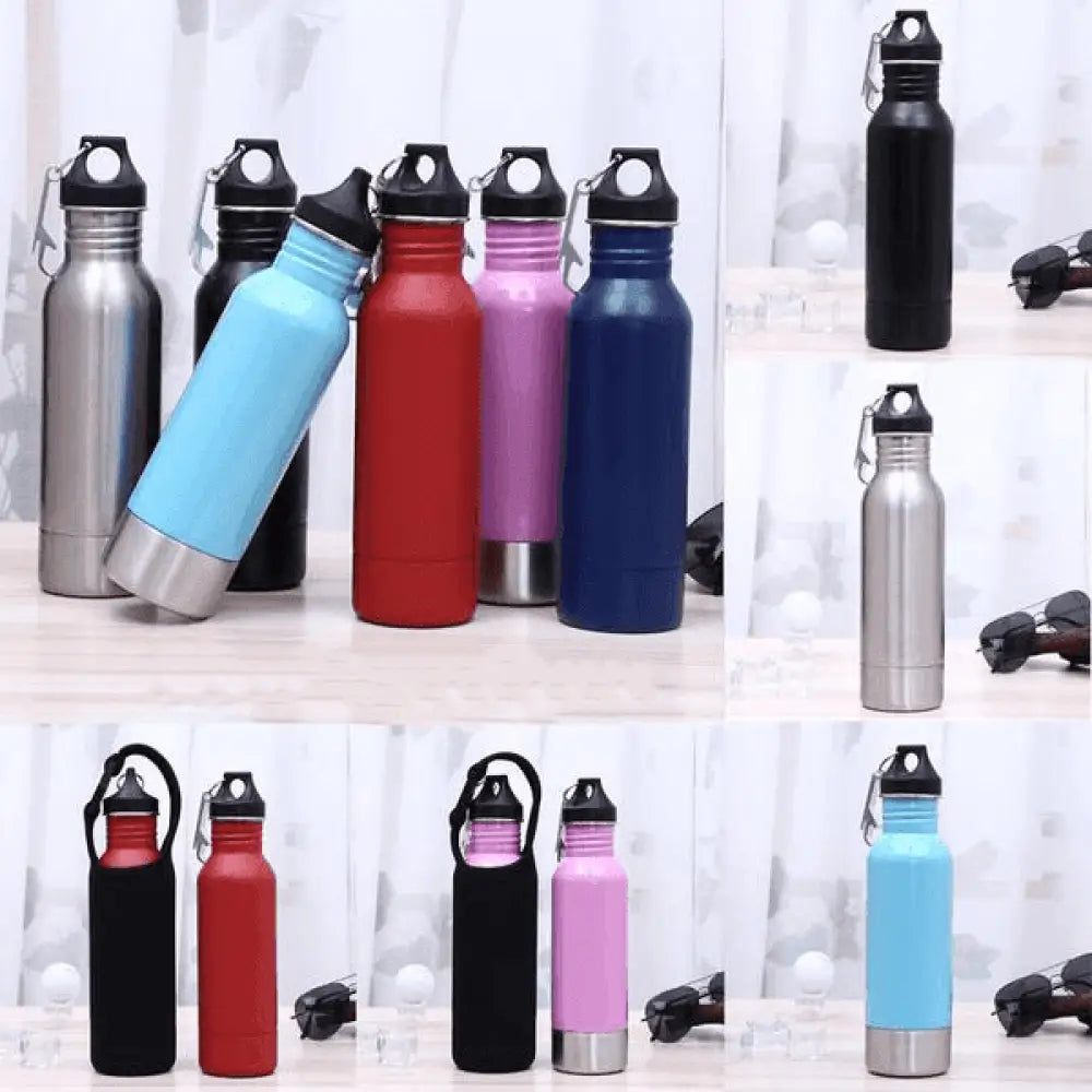 Collection of colorful stainless steel water bottles on a white background