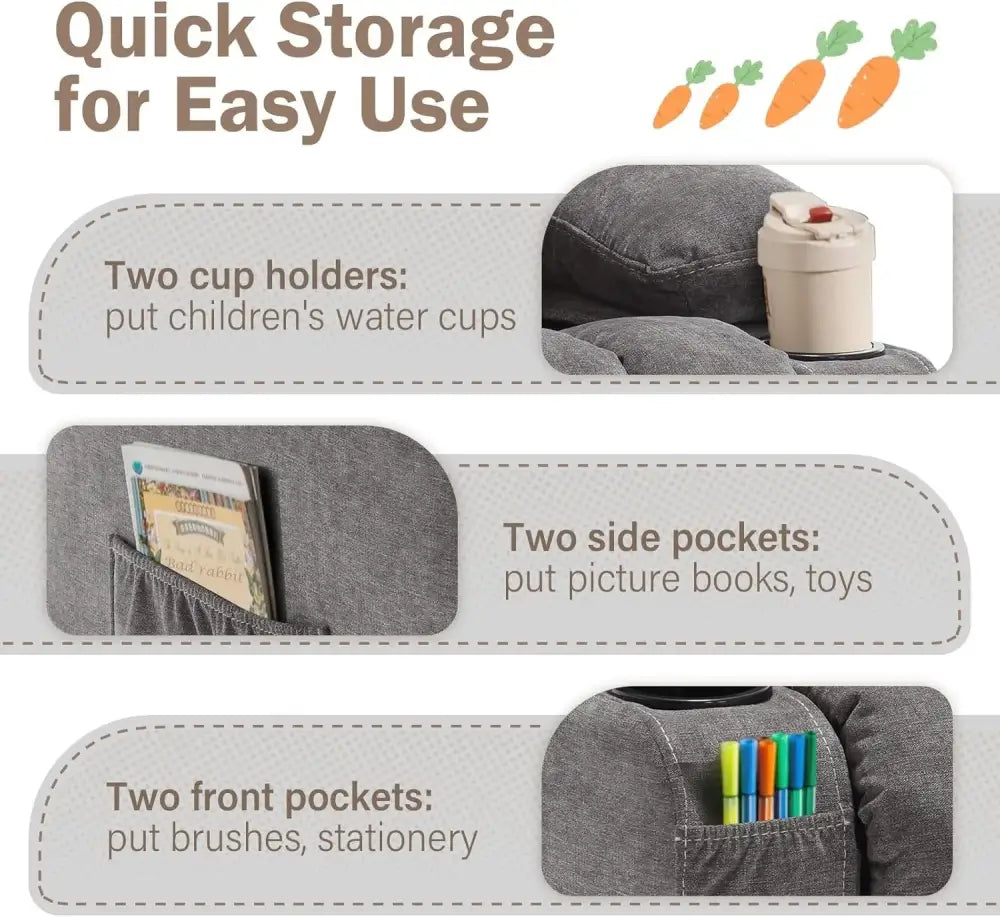 Kids recliner chair specifications showing 120 lbs capacity and solid wood frame