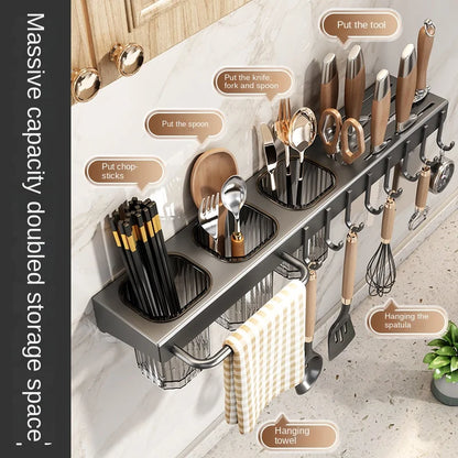 Kitchen utensil holder with various tools and text indicating storage instructions.