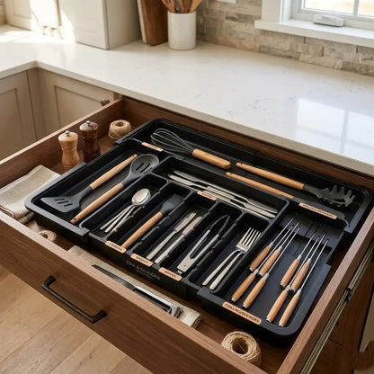 Kuhn Rikon kitchen utensil set in a drawer with wooden handles on a kitchen counter.