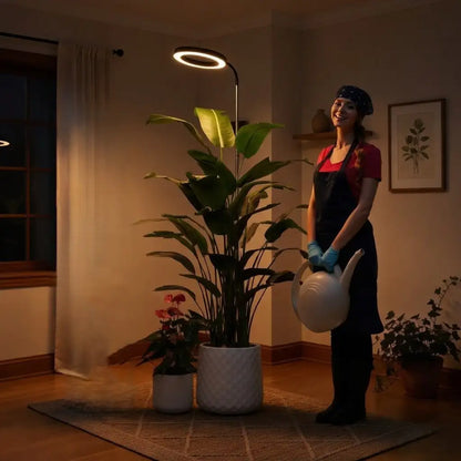 A person watering a plant with a lampshade in a dimly lit room