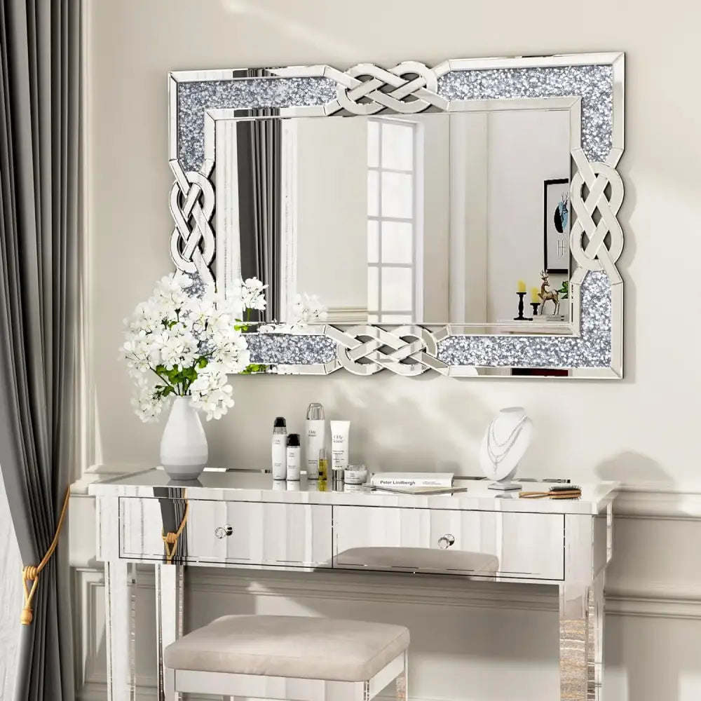 Large Crystal Crush Diamond Mirror Silver Decorative Wall Mirror for Home