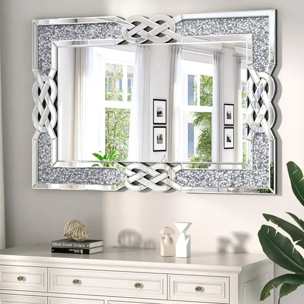 Large Crystal Crush Diamond Mirror Silver Decorative Wall Mirror for Home