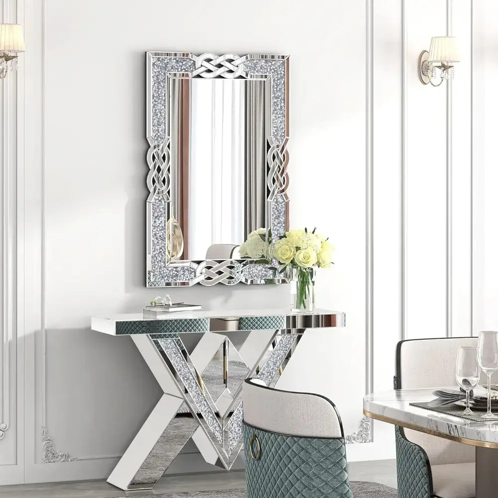 Large Crystal Crush Diamond Mirror Silver Decorative Wall Mirror for Home