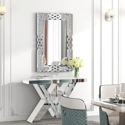 Large Crystal Crush Diamond Mirror Silver Decorative Wall Mirror Home