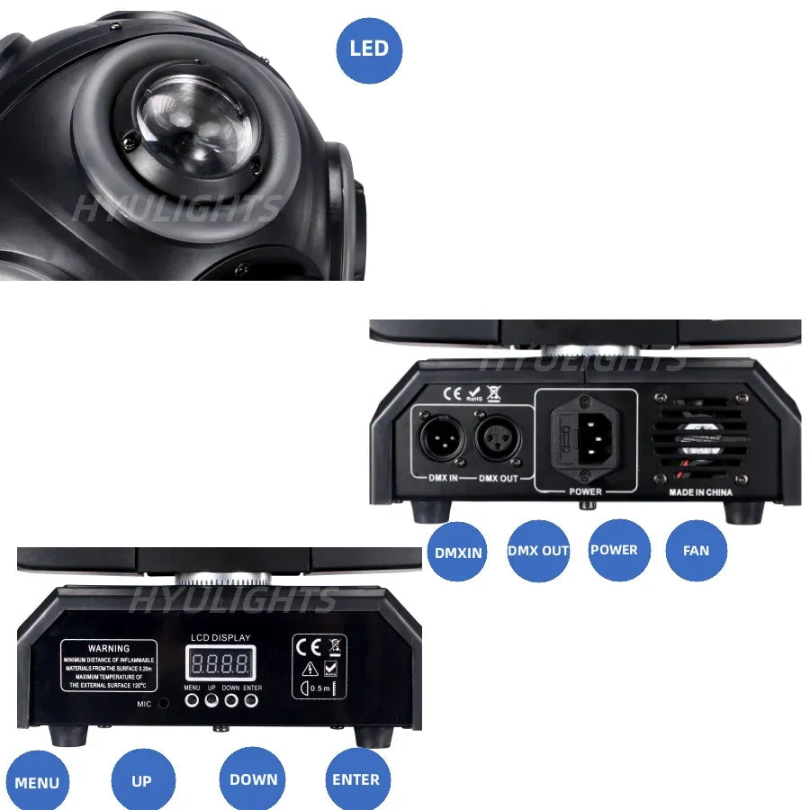 LED Moving Head 'Football' Light 360° Infinite Rotation, Halo RGB & Beam Effect