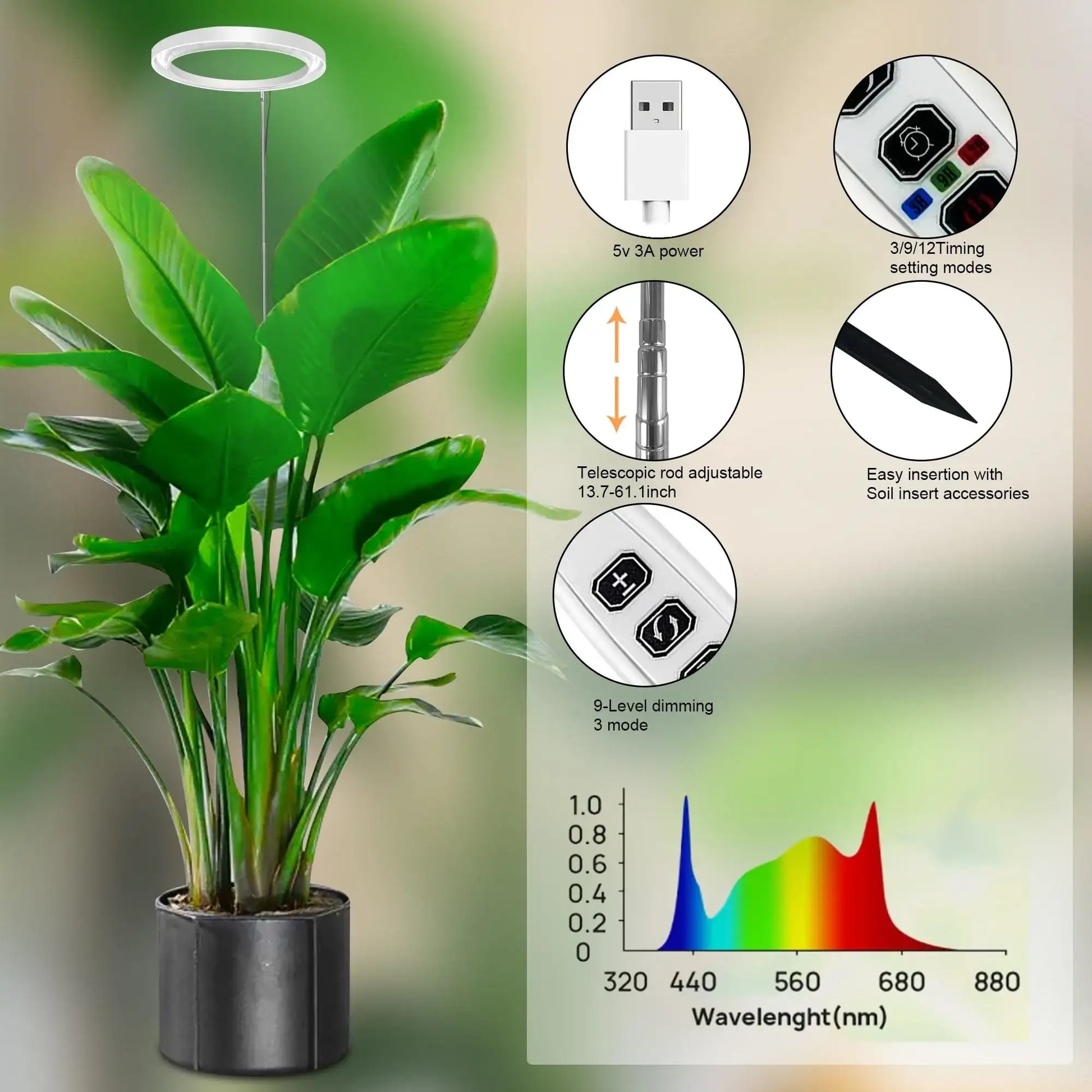 Potted plant with a light fixture and technical specifications on a green background