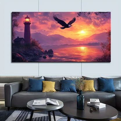 Lighthouse painting with an eagle over a lake on a wall above a gray sofa.