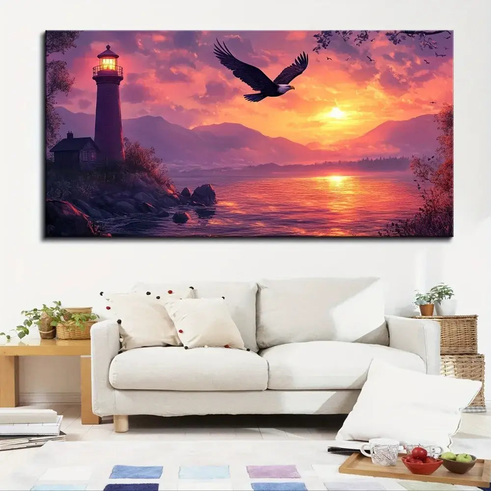 Lighthouse Landscape Canvas Wall Art Thick Pine Wood Frame Decor