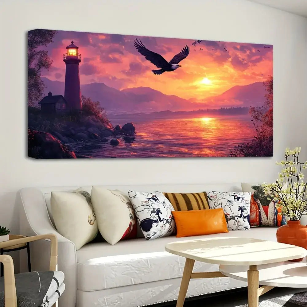 Lighthouse Landscape Canvas Wall Art Thick Pine Wood Frame Decor