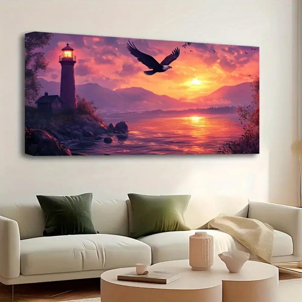 Lighthouse Landscape Canvas Wall Art Thick Pine Wood Frame Decor