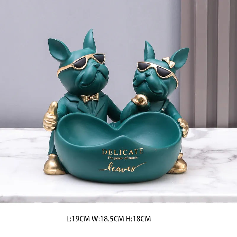 Lovers Bulldog Statue with Bowl Storage Box For Keys Jewelry