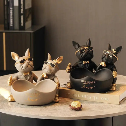 Lovers Bulldog Statue with Bowl Storage Box For Keys Jewelry