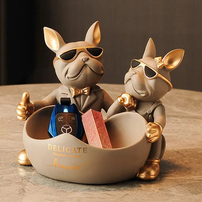 Lovers Bulldog Statue with Bowl Storage Box For Keys Jewelry