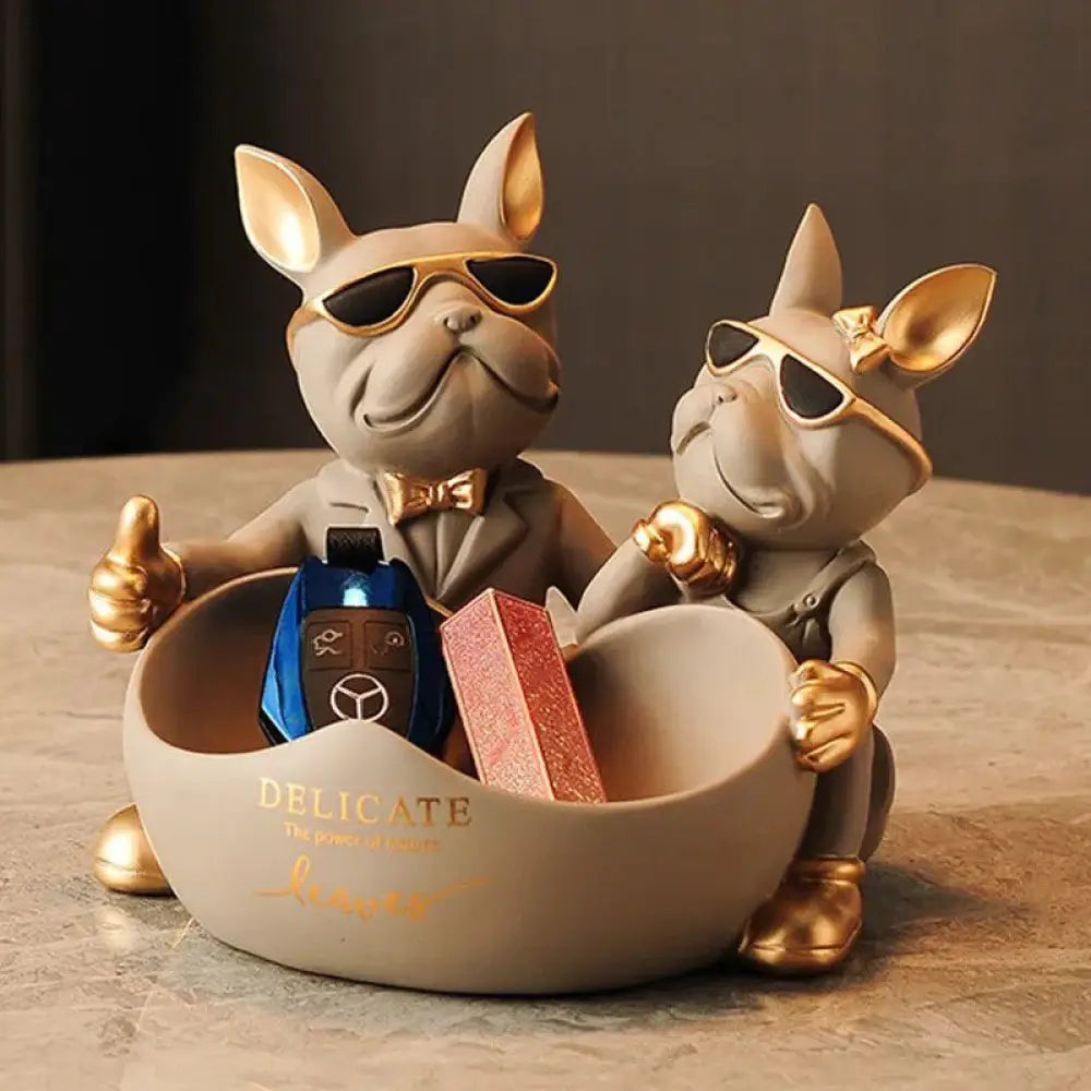 Lovers Bulldog Statue with Bowl Storage Box For Keys Jewelry