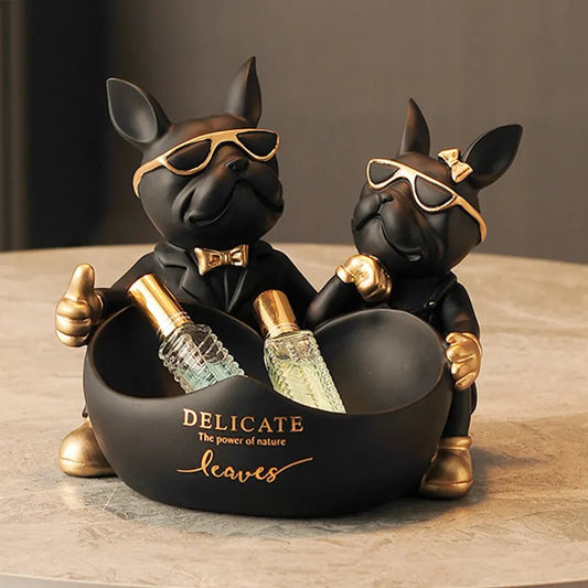 Lovers Bulldog Statue with Bowl Storage Box For Keys Jewelry