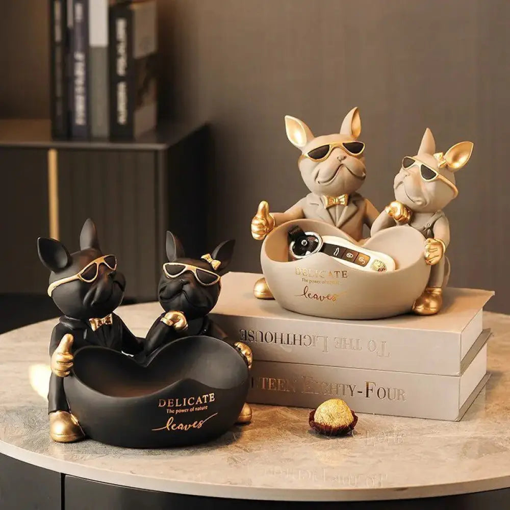 Lovers Bulldog Statue with Bowl Storage Box For Keys Jewelry