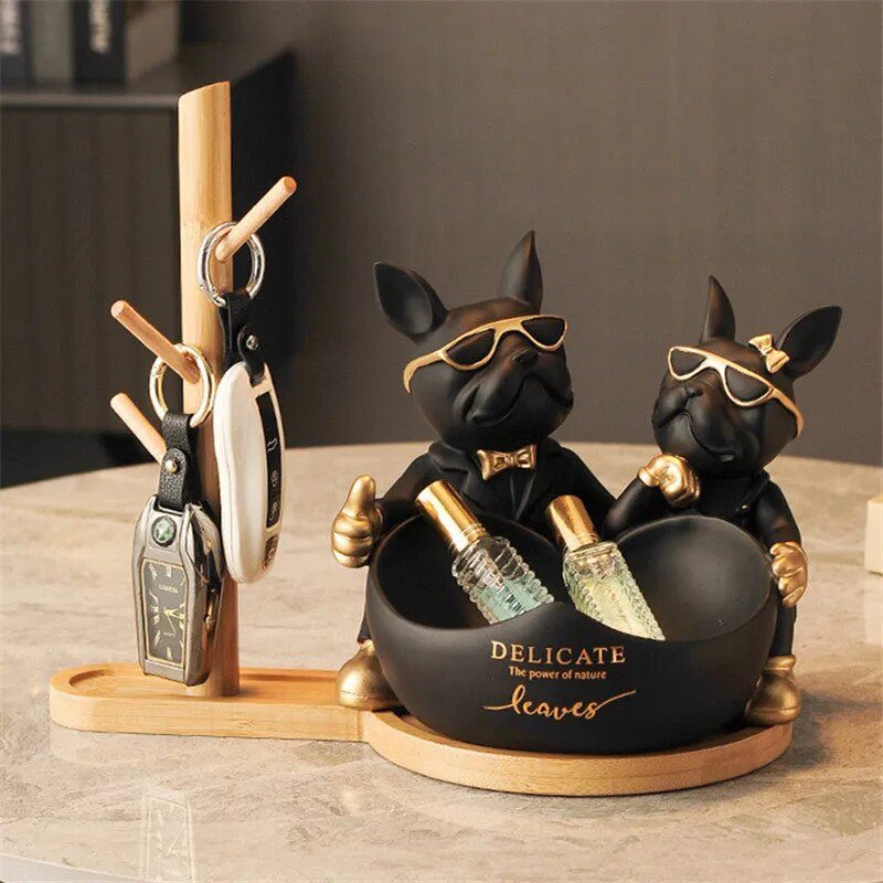Lovers Bulldog Statue with Bowl Storage Box For Keys Jewelry