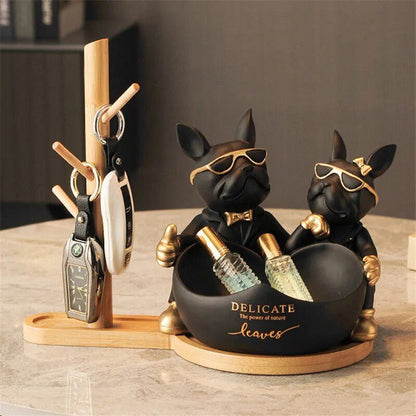 Lovers Bulldog Statue with Bowl Storage Box For Keys Jewelry