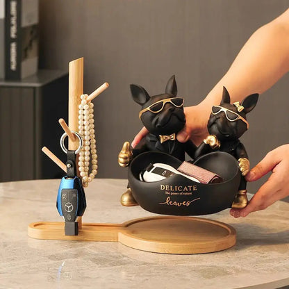 Lovers Bulldog Statue with Bowl Storage Box For Keys Jewelry